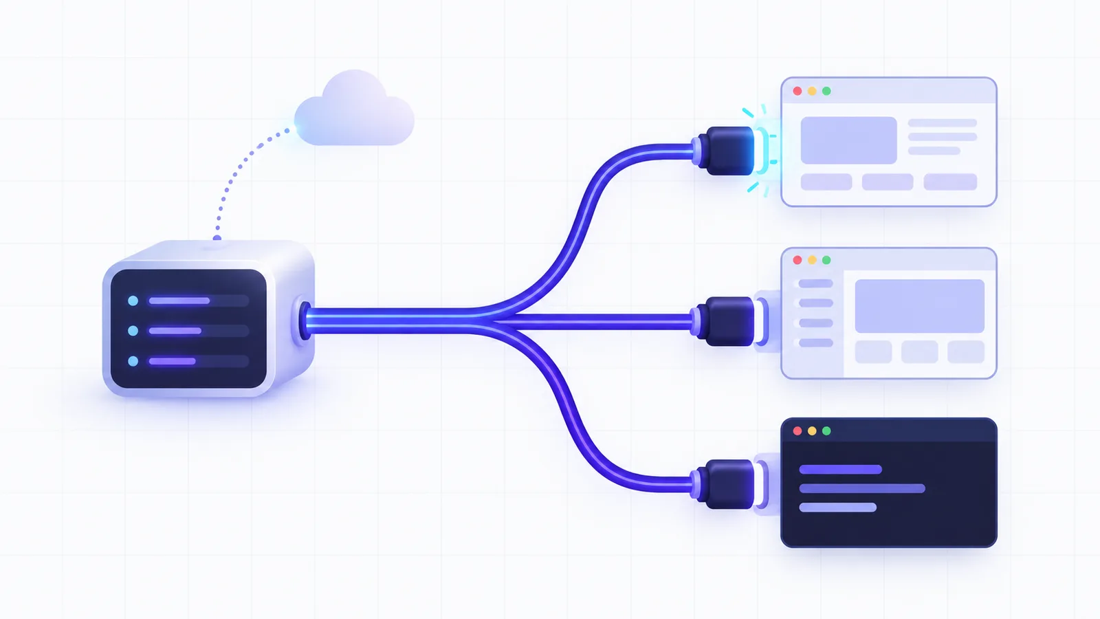 A small server block with one glowing cable that splits into three plugs, each fitting a different window: a browser, a desktop app and a dark terminal, with a dotted line up to a cloud