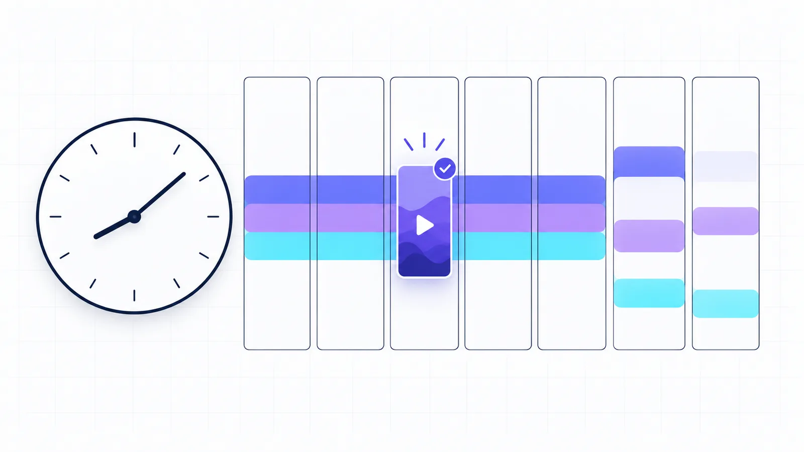 A clock beside a week of seven columns, where three time bands run together across the weekdays behind a vertical video card and break apart on the last two days