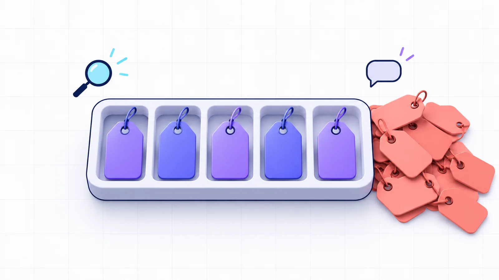 A tray with five slots holding five blank tags, while a pile of extra tags spills over the side in coral