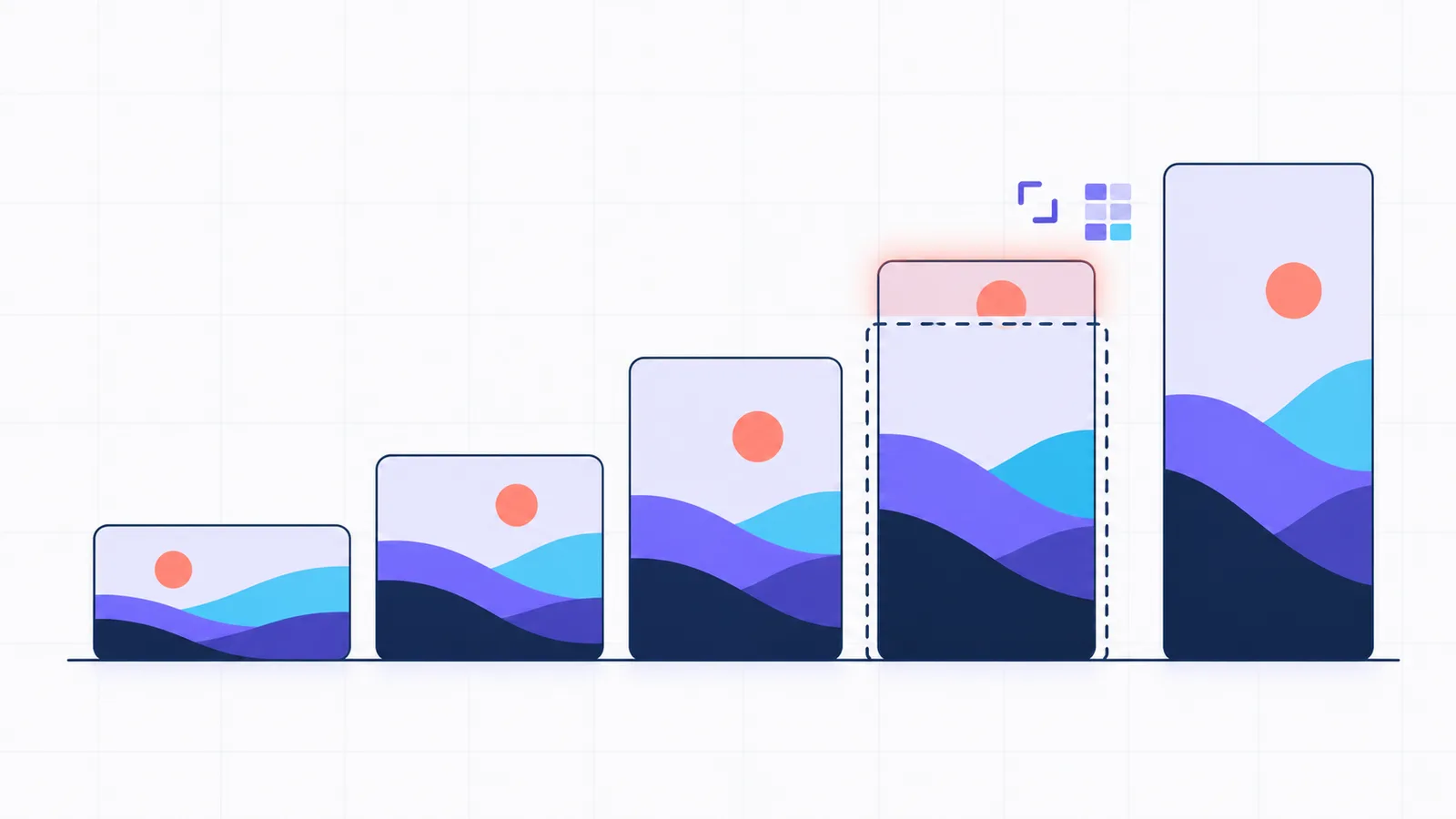 Five landscape photo cards in different shapes lined up from wide to tall, with one portrait card poking out above a dashed frame