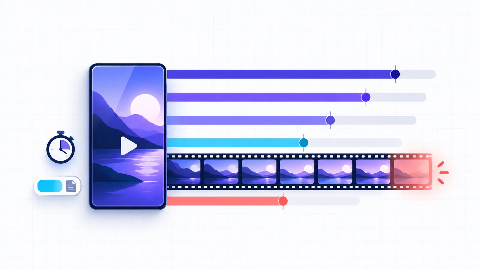A vertical video card beside timeline tracks of different lengths, with a film strip that runs past its track’s end in coral
