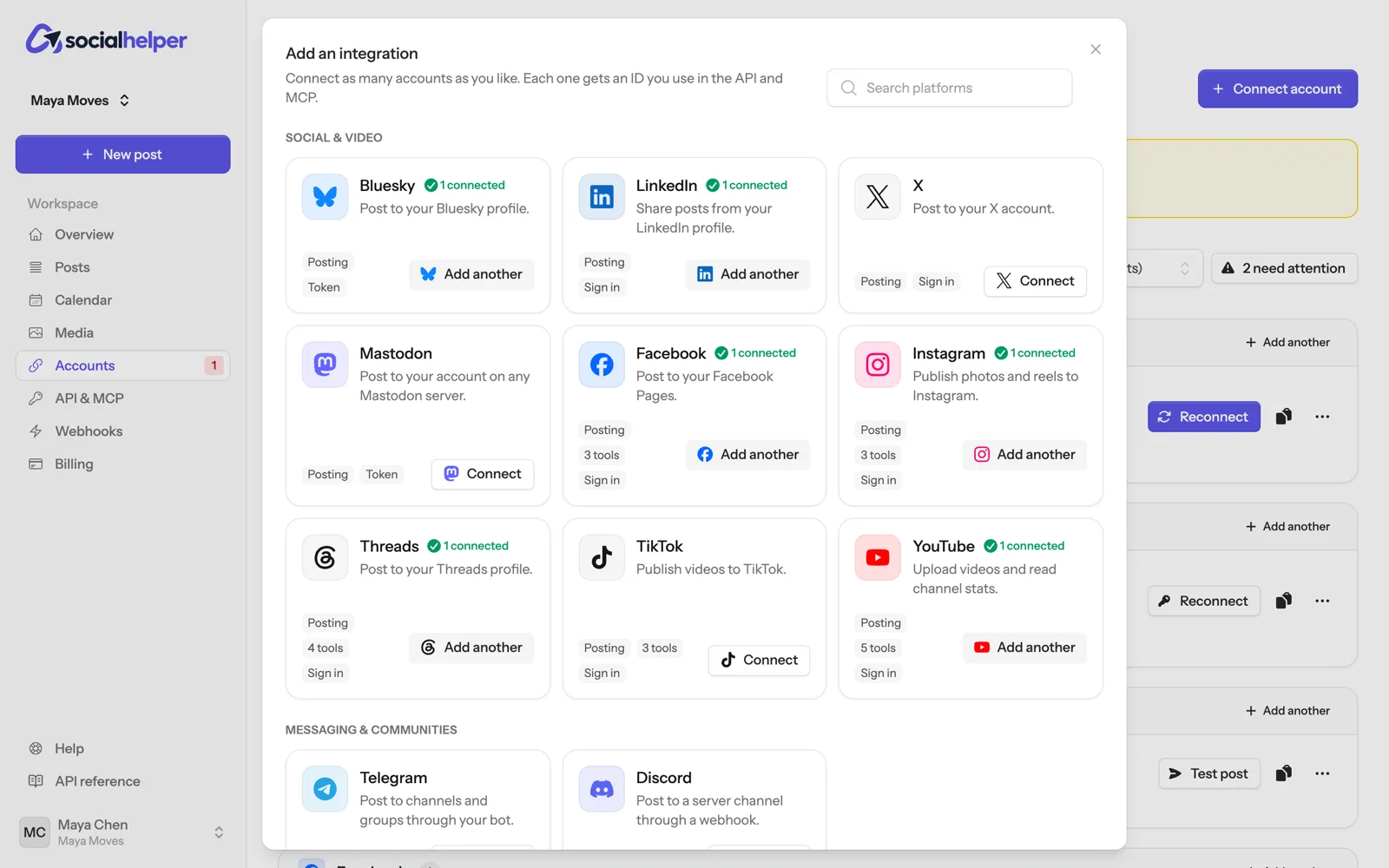 The Add an integration list with Bluesky, LinkedIn, X, Mastodon, Facebook, Instagram, Threads, TikTok and YouTube