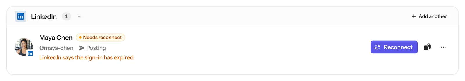 A LinkedIn account labelled Needs reconnect with the reason and a Reconnect button