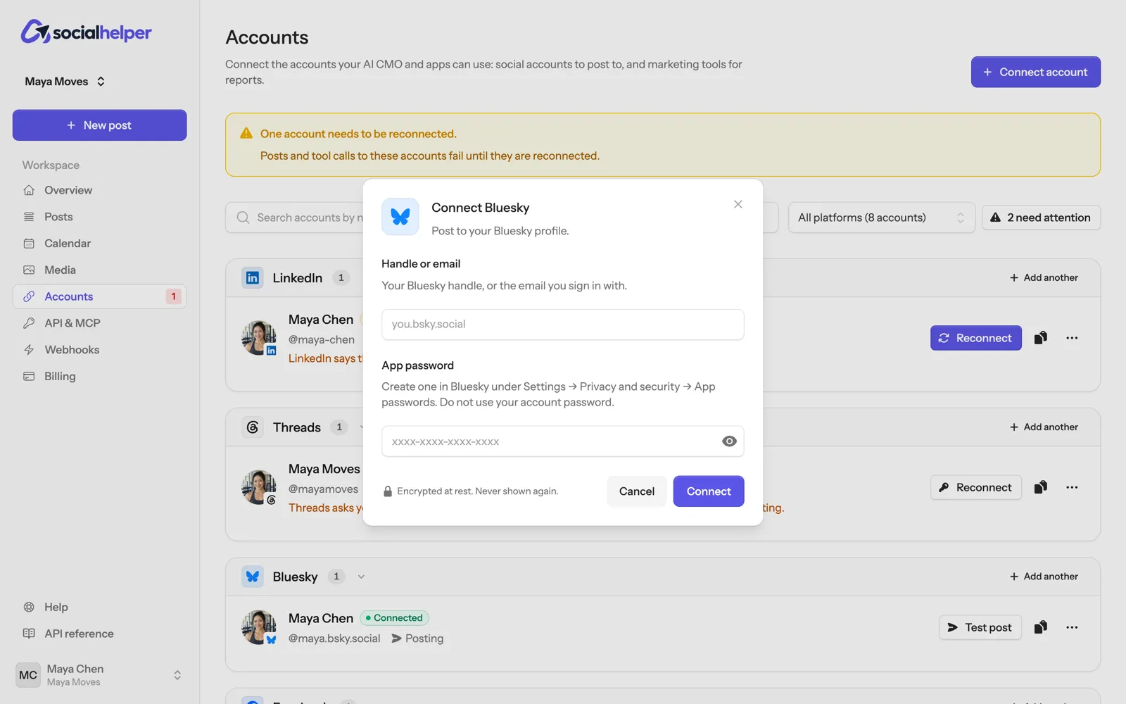 The Connect Bluesky form asking for a handle or email and an app password