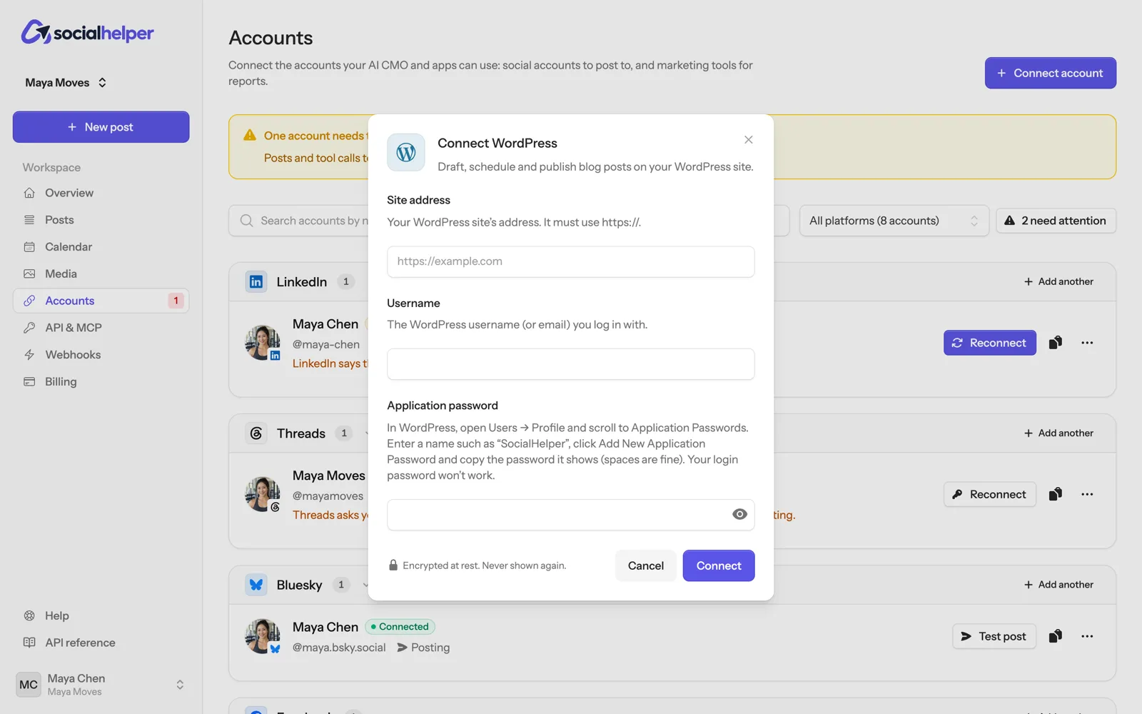 The Connect WordPress form with Site address, Username and Application password