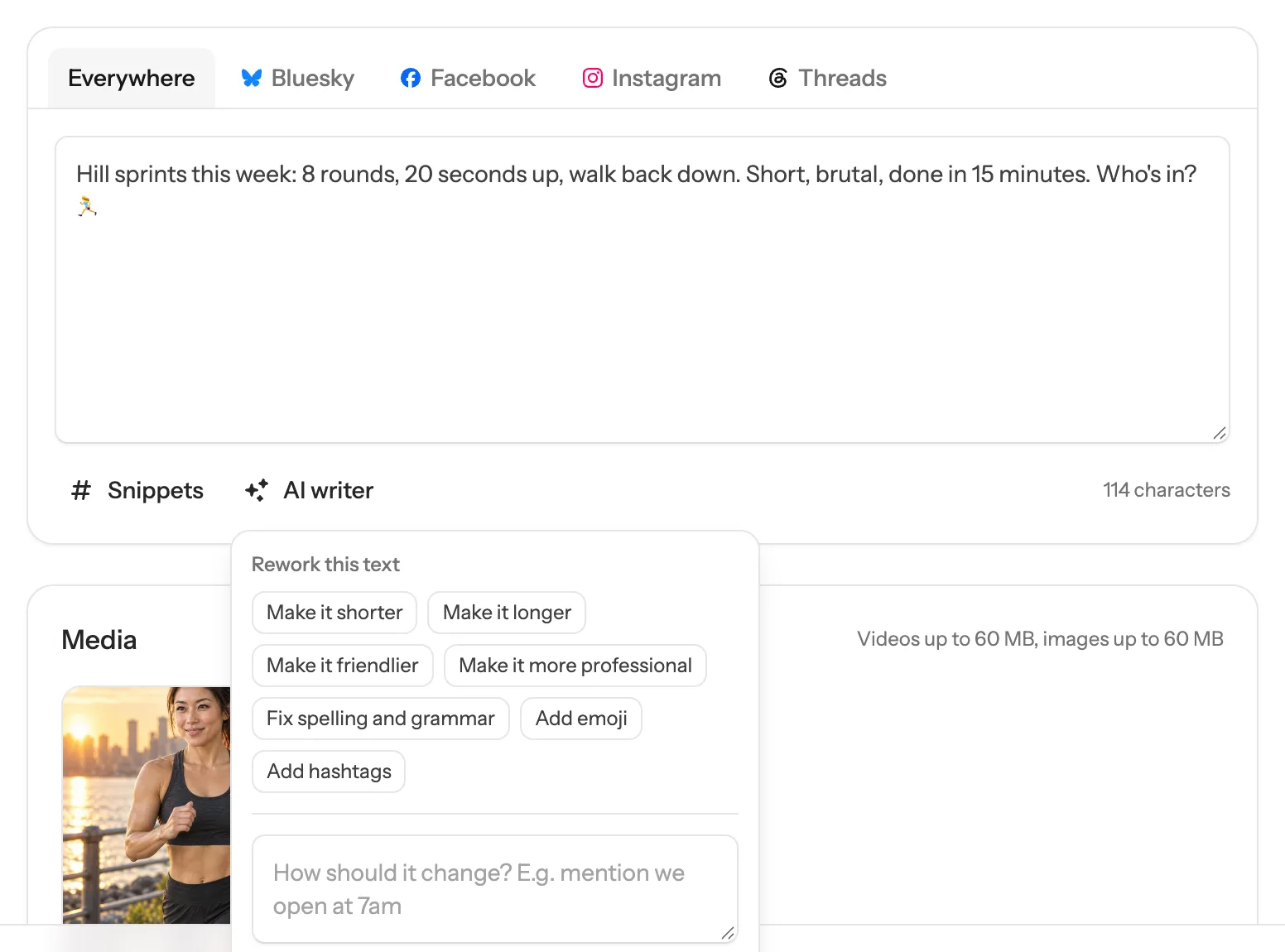 The AI writer menu under the post text, with preset changes and a box to describe your own