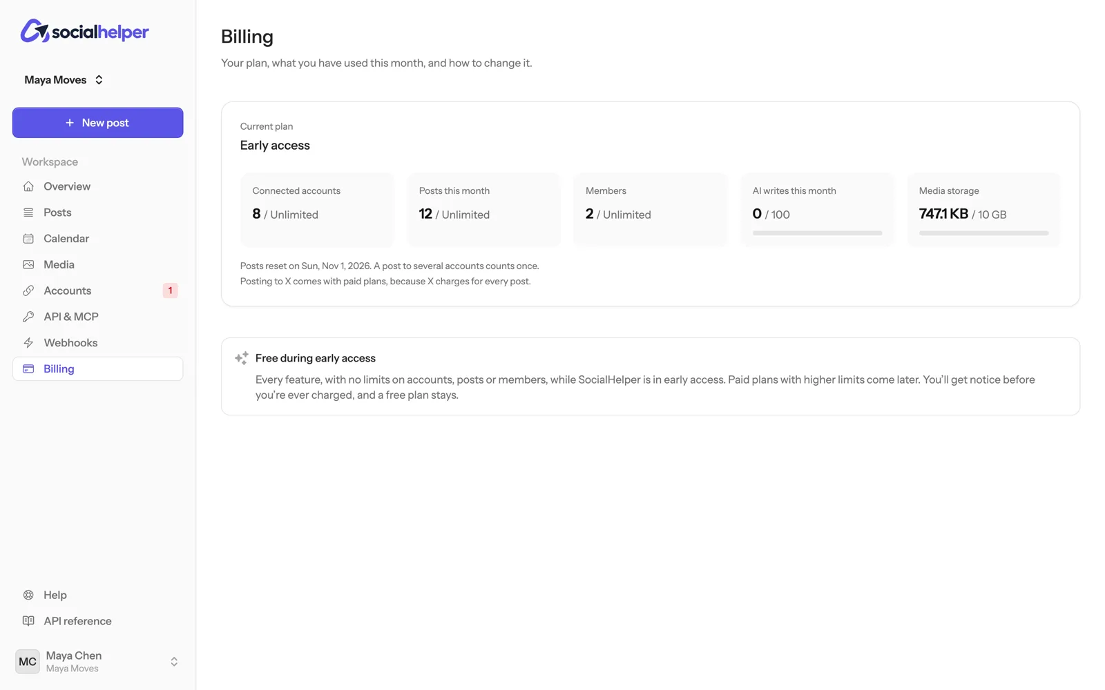 The Billing page showing the current plan and this month's usage