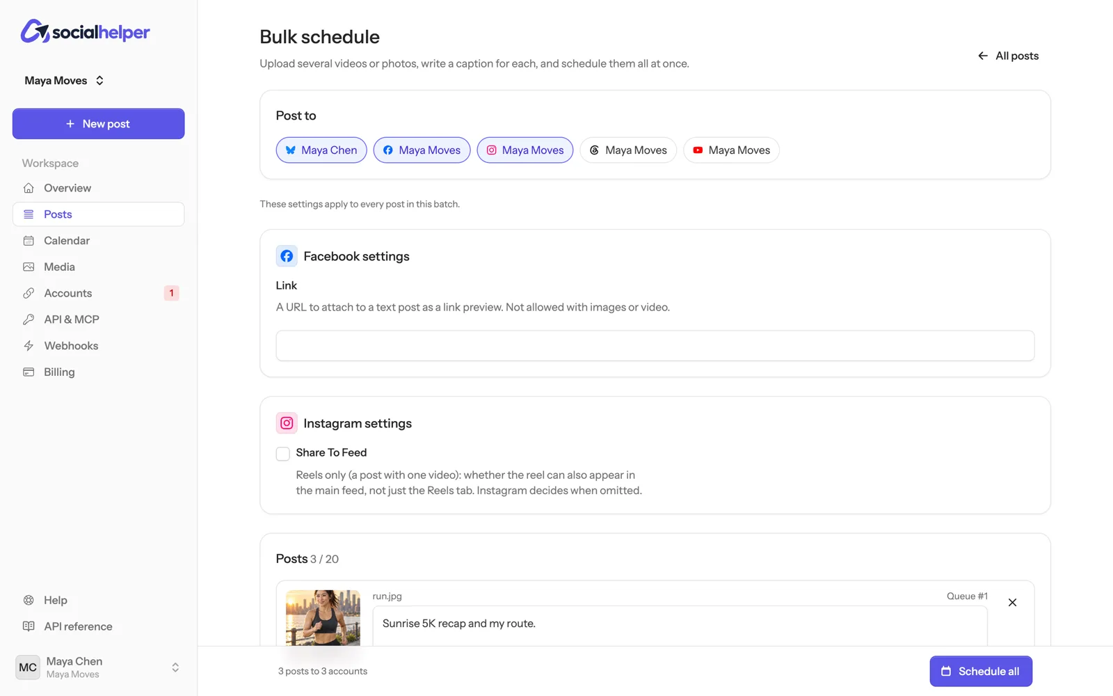 Bulk schedule with three accounts selected, Facebook and Instagram settings, and the posts list