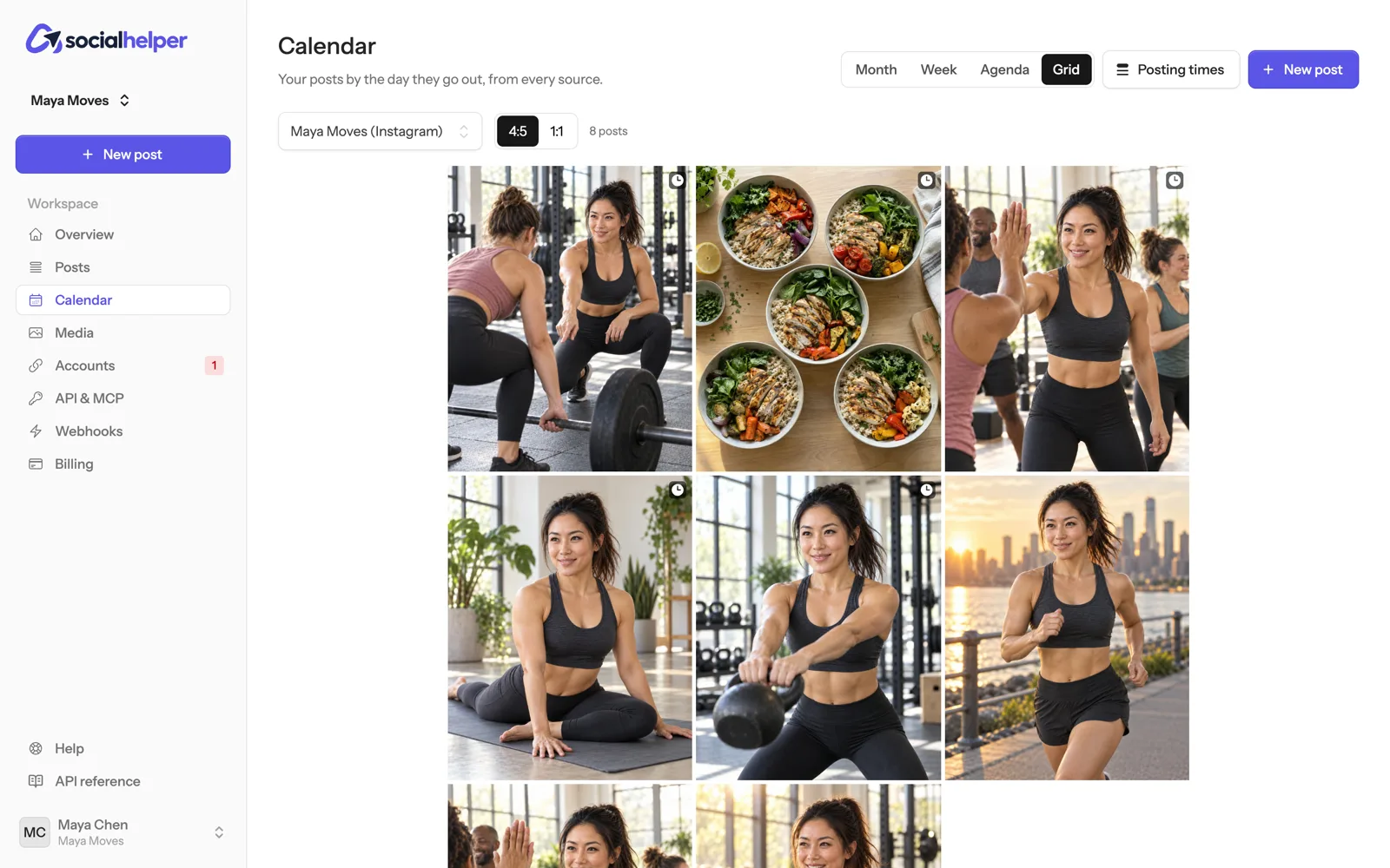The grid view showing scheduled and published photos as a profile grid
