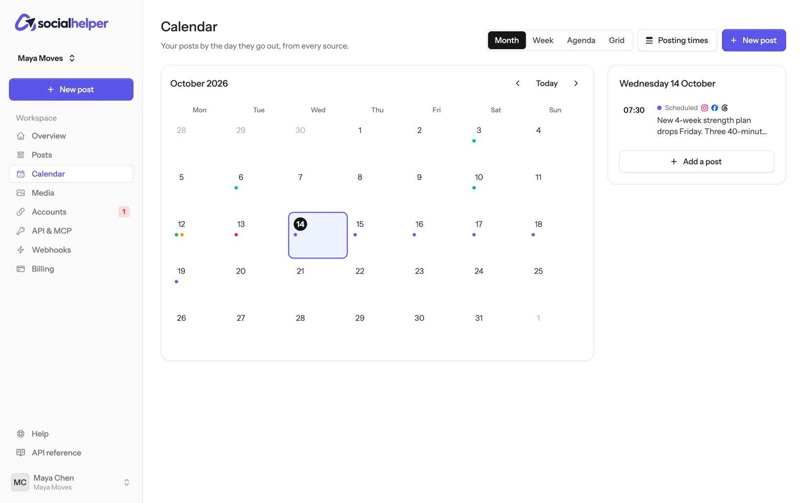 The month view with dots on days that have posts and the selected day's posts on the right