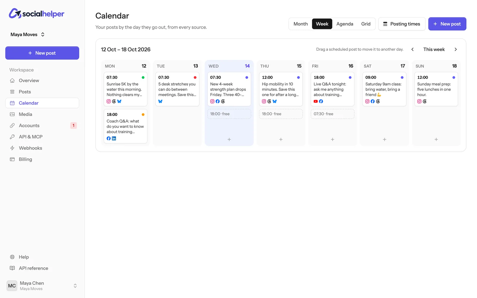 The week view: a column per day with posts, and free posting times marked free