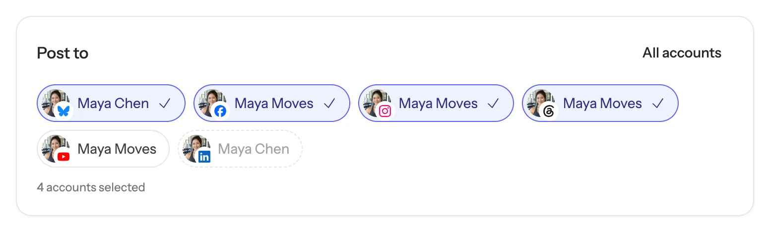 Post to, with four of six accounts selected