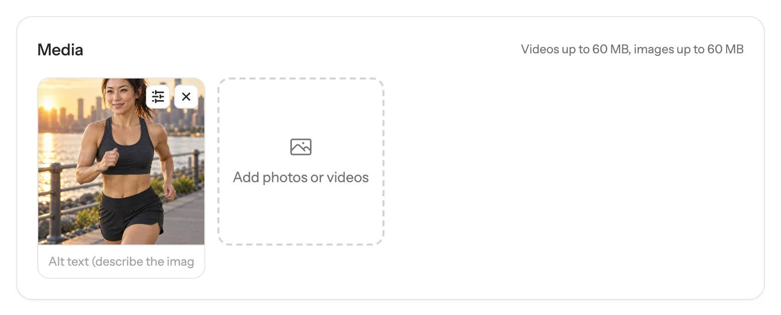 The Media card with a photo, its edit and remove buttons, and an Add photos or videos tile