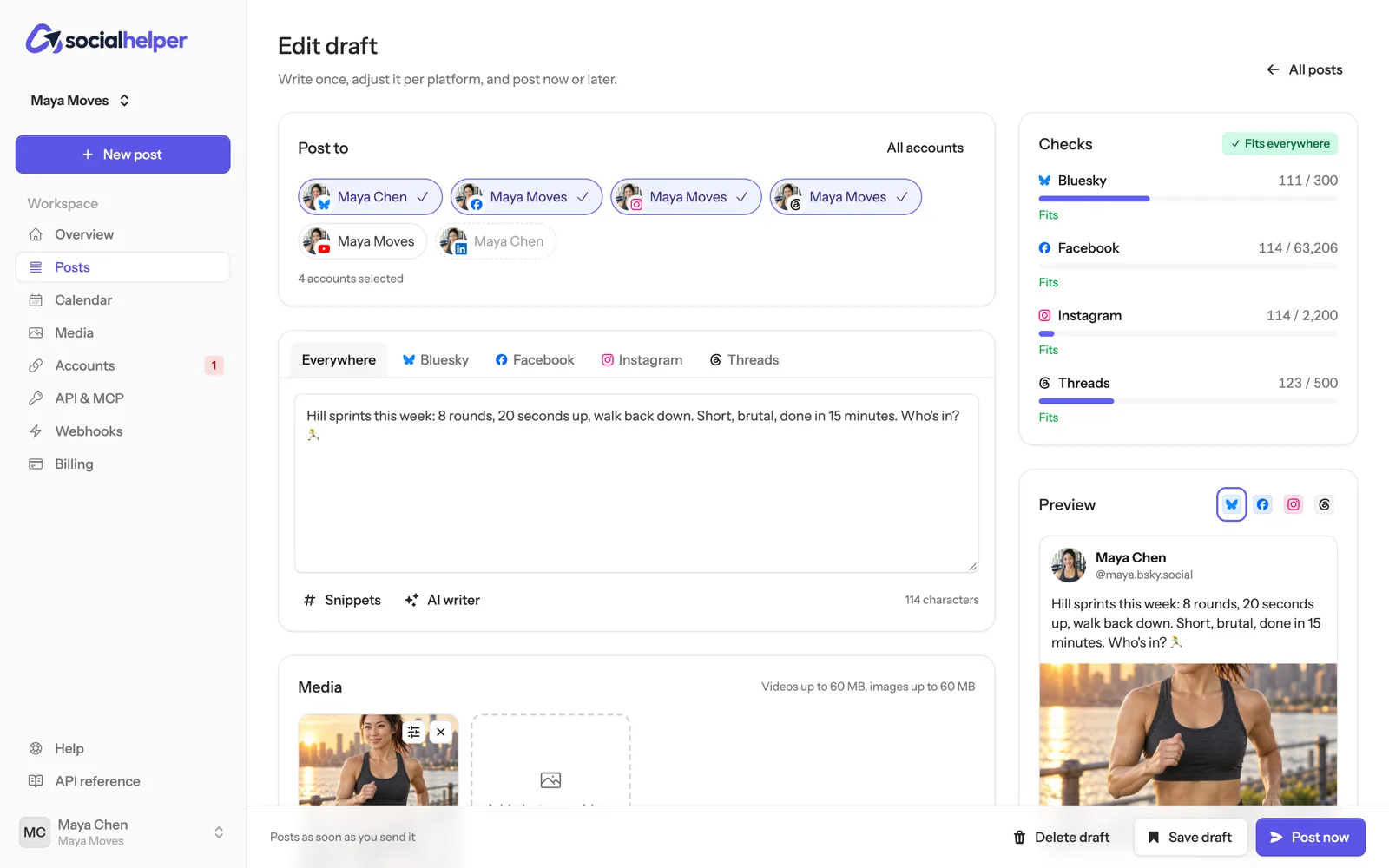 The composer with four accounts selected, the post text, the Checks panel and a preview
