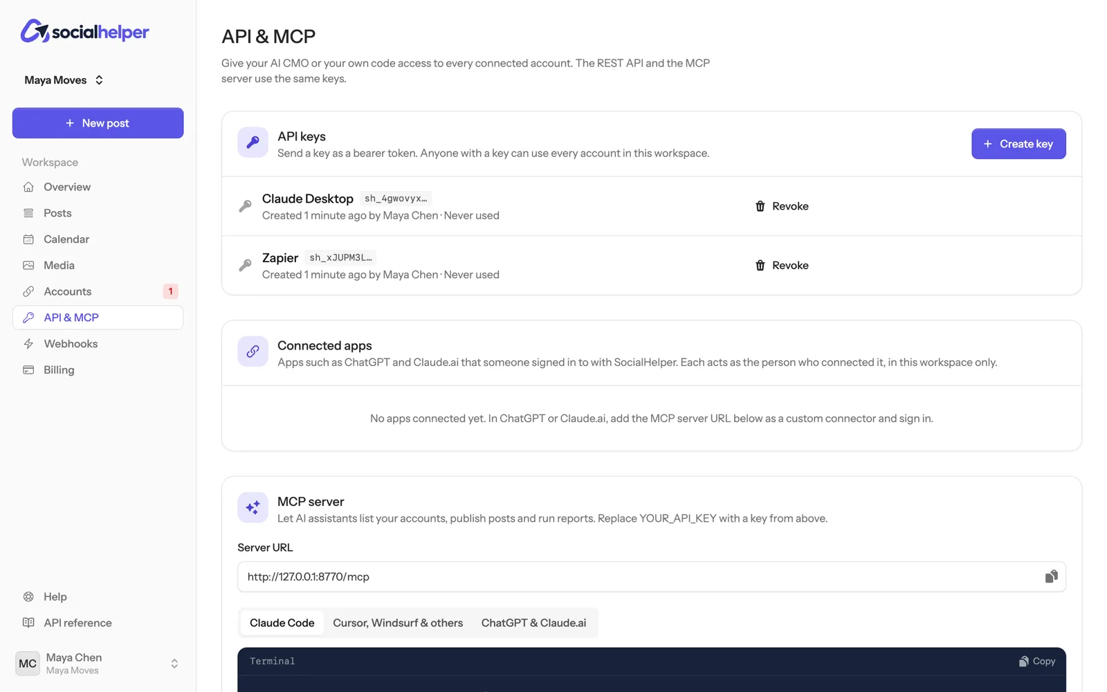 The API & MCP page with two API keys and the Connected apps list