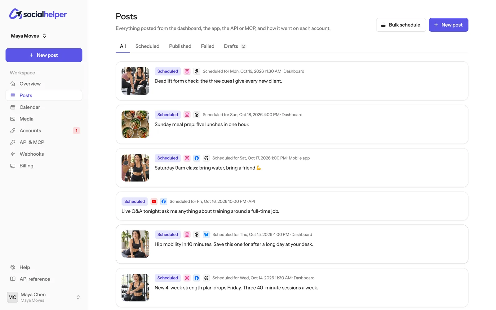 The Drafts tab on the Posts page with two drafts
