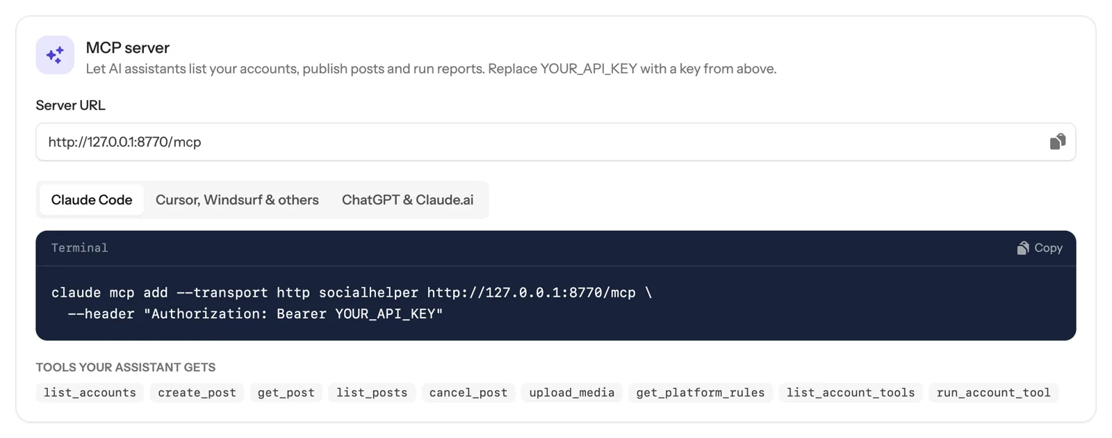 The MCP server card with the server URL, tabs for Claude Code, Cursor and ChatGPT, and the setup command