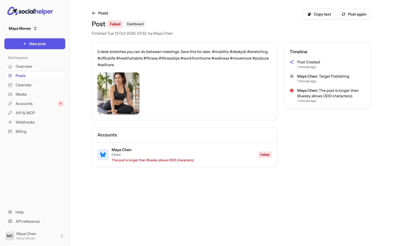 A failed post: Bluesky says the post is longer than it allows, shown in the account and the timeline