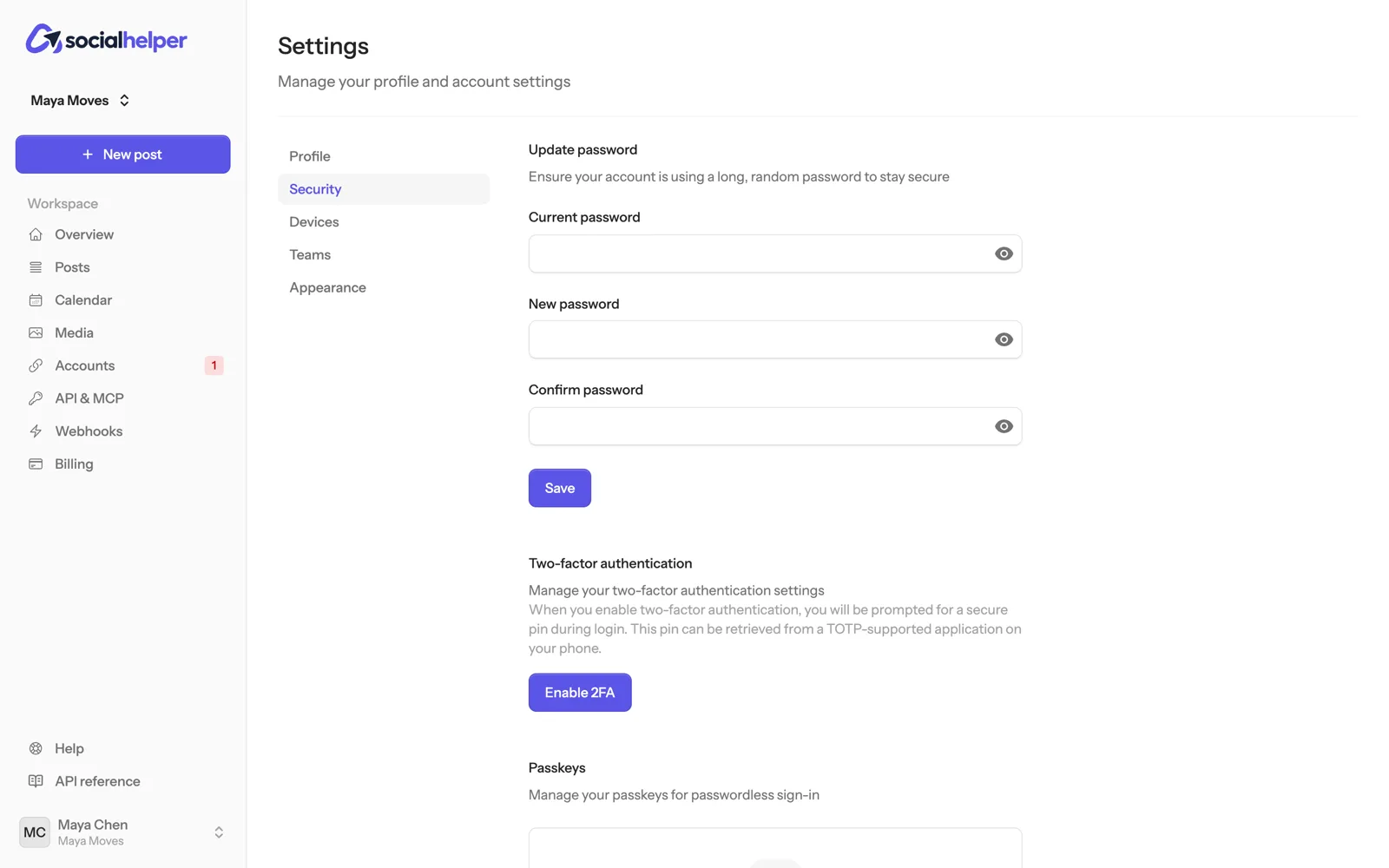The Security settings: Update password, Two-factor authentication with Enable 2FA, and Passkeys