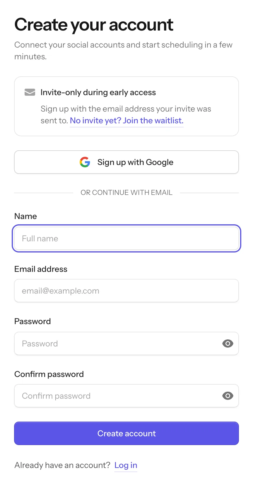 The Create your account page with Sign up with Google and the email sign-up form