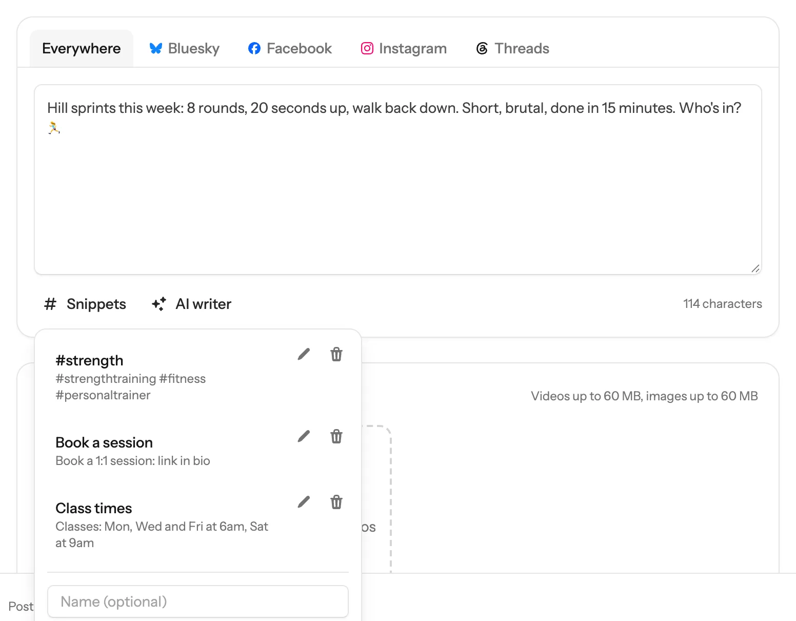 The Snippets list with saved hashtags, a booking line and class times