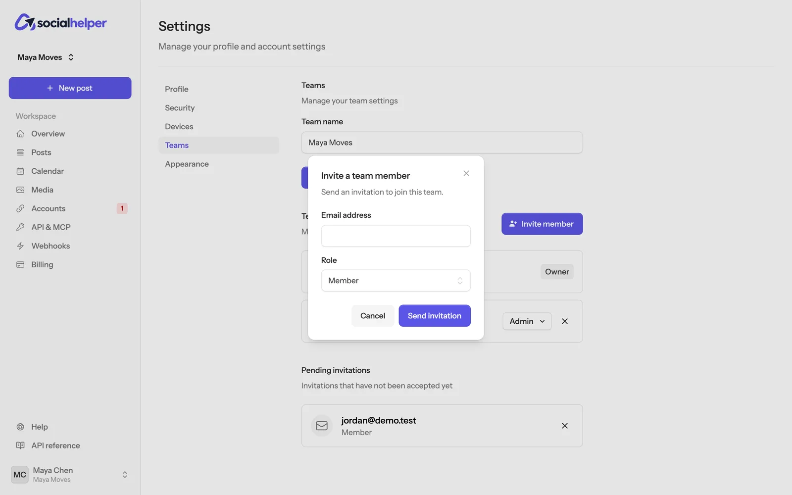 The Invite a team member window with Email address and Role