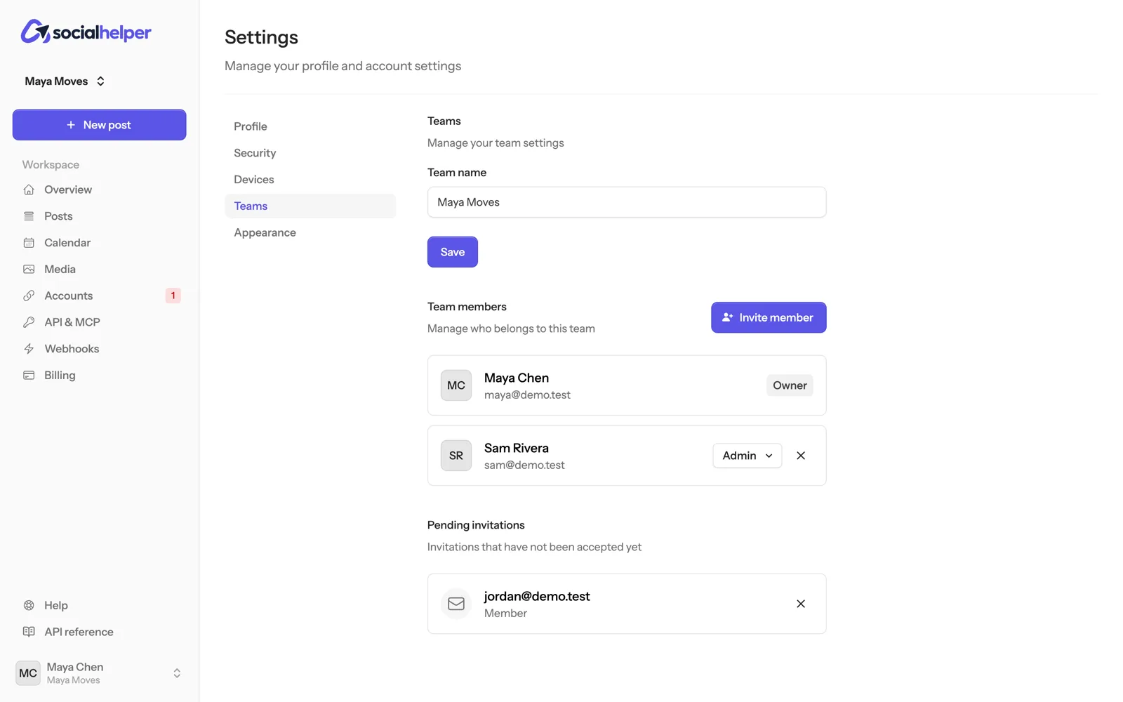 The team page with the team name, members with their roles, and a pending invitation